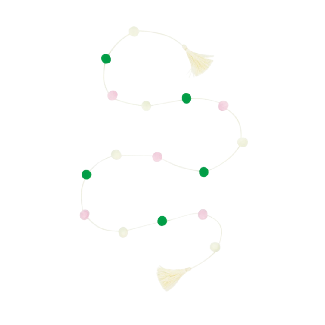 Cream & Green Pom Pom Garland with Tassels