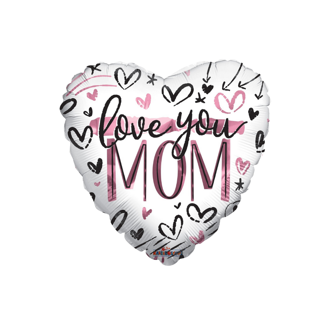 White Brushed Hearts "Love You Mom" Heart Foil Balloon, 18in