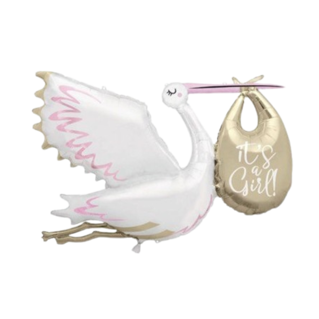 White and Pink It's a Girl Stork Foil Balloons, 62in