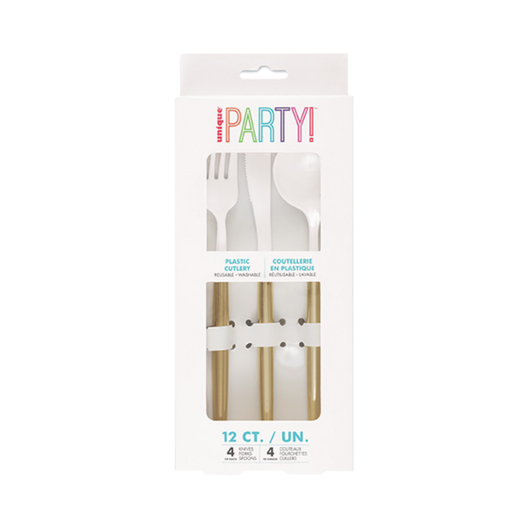 Gold & White Plastic Cutlery Set - 12 pcs
