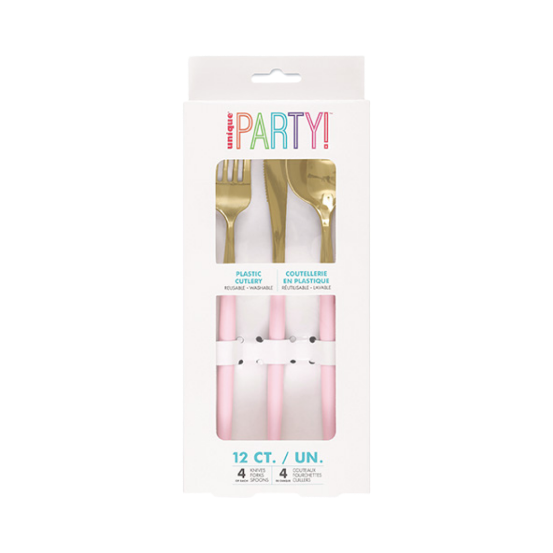 Gold & Pink Plastic Cutlery Set - 12 pcs