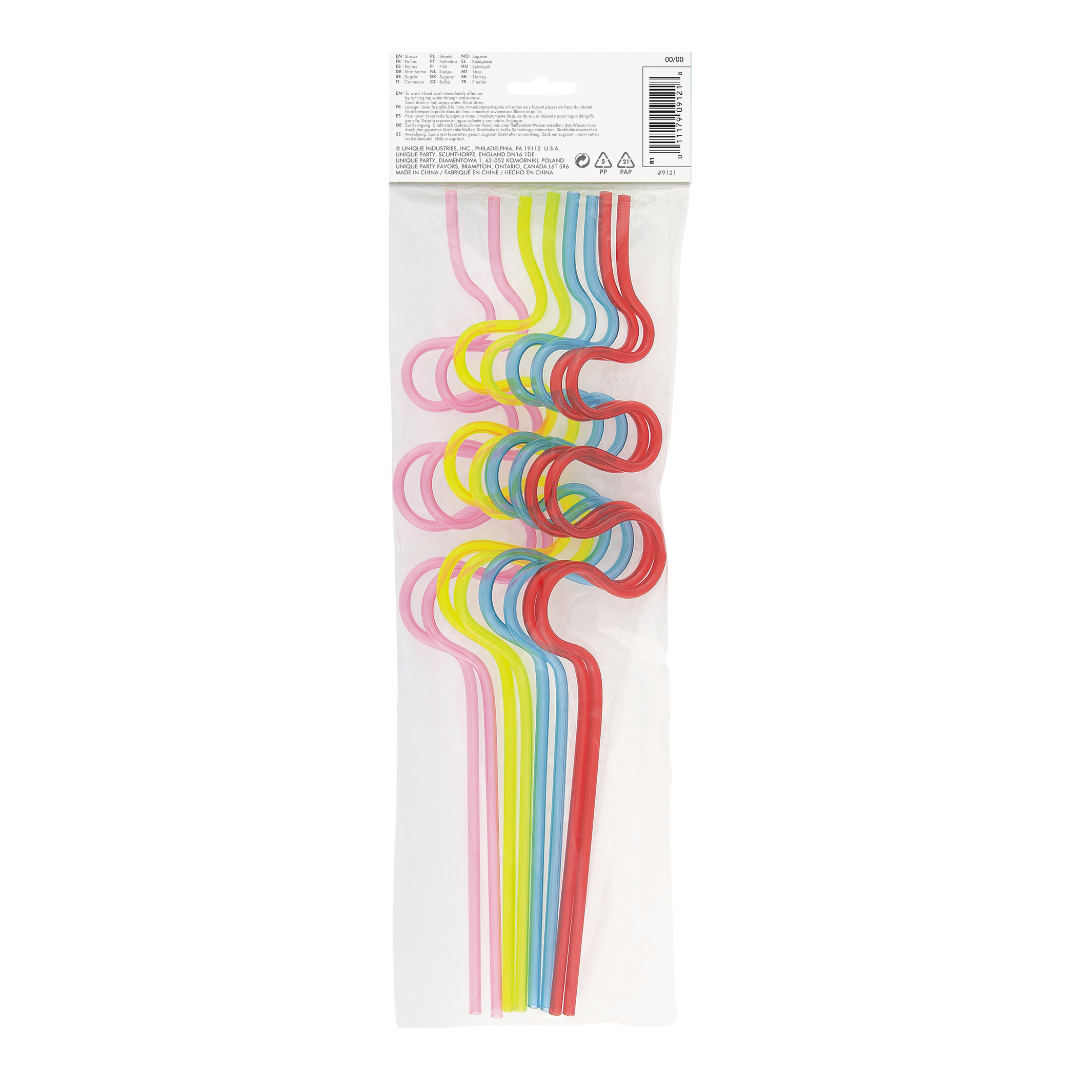 Assorted Colors Squiggle Plastic Straws - 8 pk