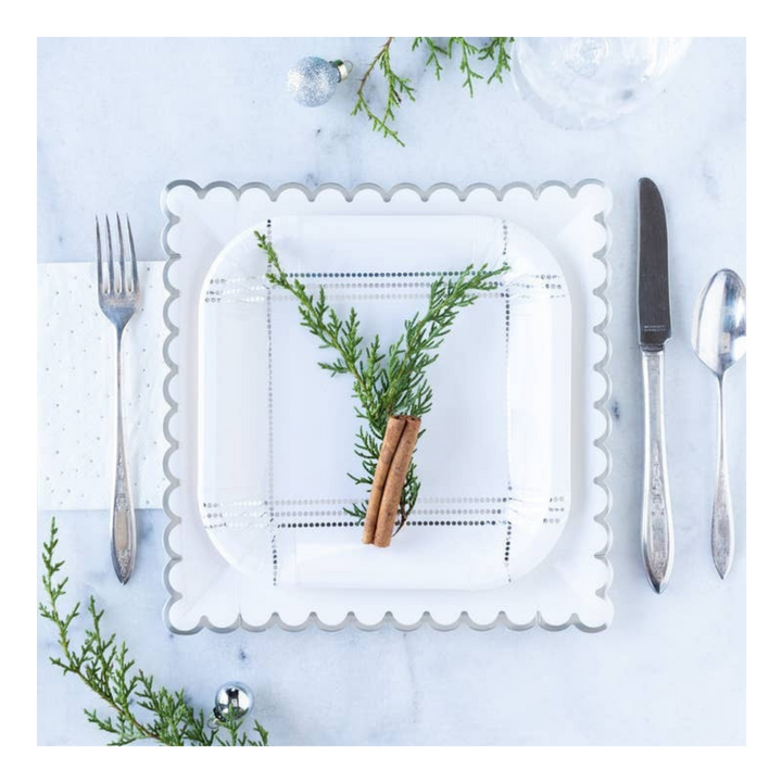 White with Silver Scalloped Large Plate