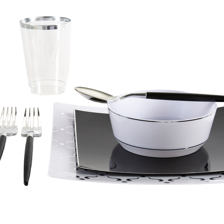 Black and Silver Plastic Cutlery Set - 32 pcs