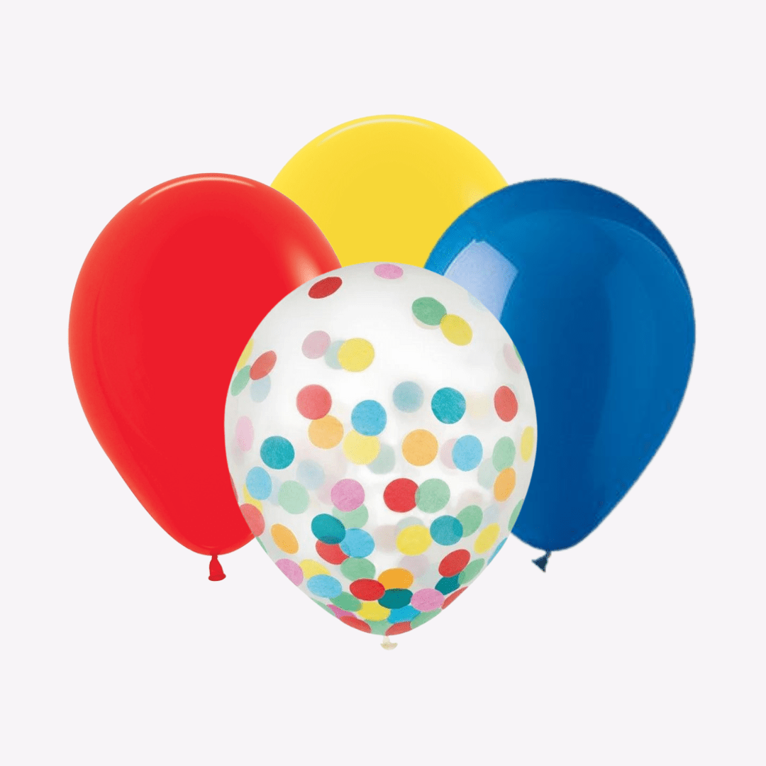 Red yellow blue and confetti balloons bright celebration decorations for birthday from Parte Haus party supply store in Bethesda MD