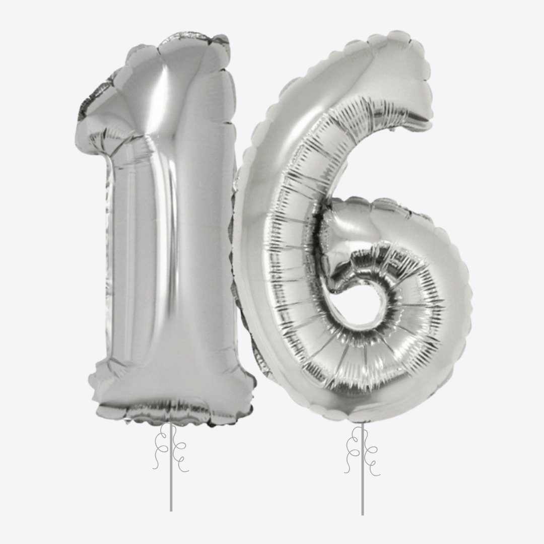 Silver number 16 balloons shiny foil birthday decor for sweet sixteen from Parte Haus party supply store in Bethesda MD