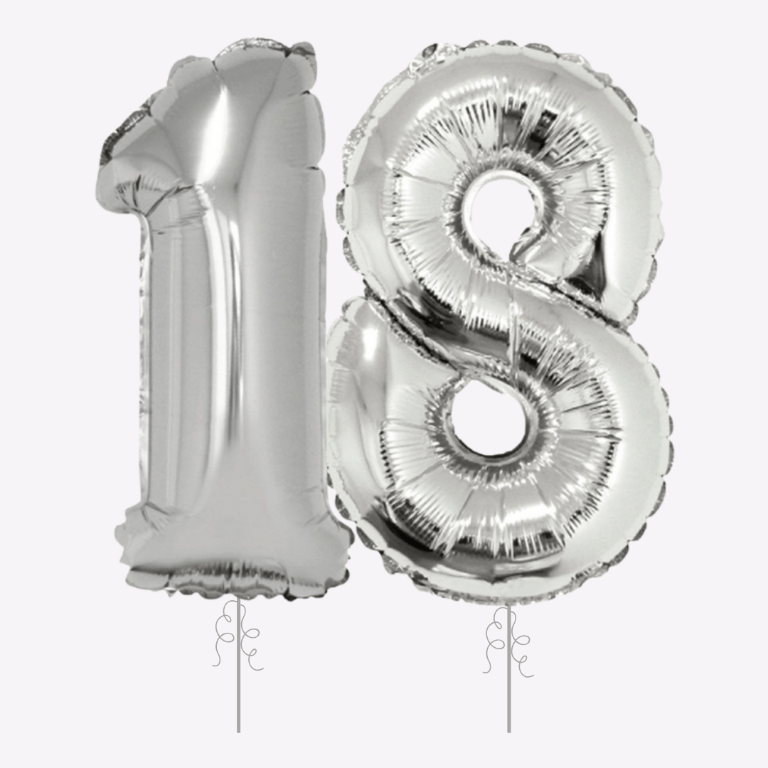 Silver number 18 balloons shiny metallic for 18th birthday from Parte Haus party supply store in Bethesda Maryland