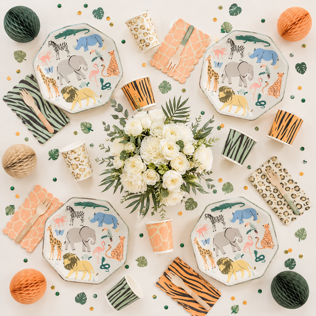 Multicolor safari animal paper plate with playful wild animal illustrations birthday theme from Parte Haus party supply store in Bethesda MD