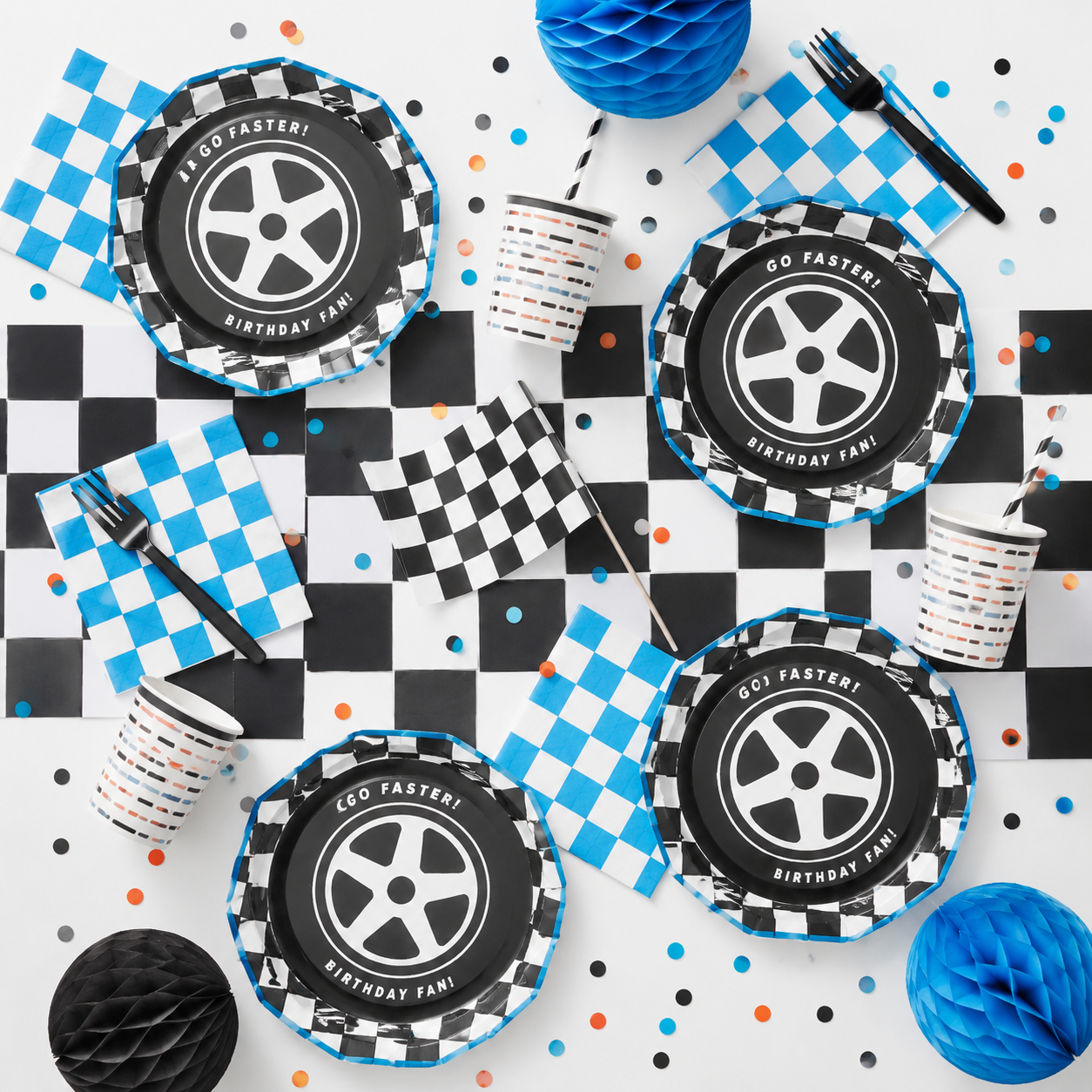 Red race car napkin with silver wheels kids birthday theme from Parte Haus party supply store in Bethesda MD