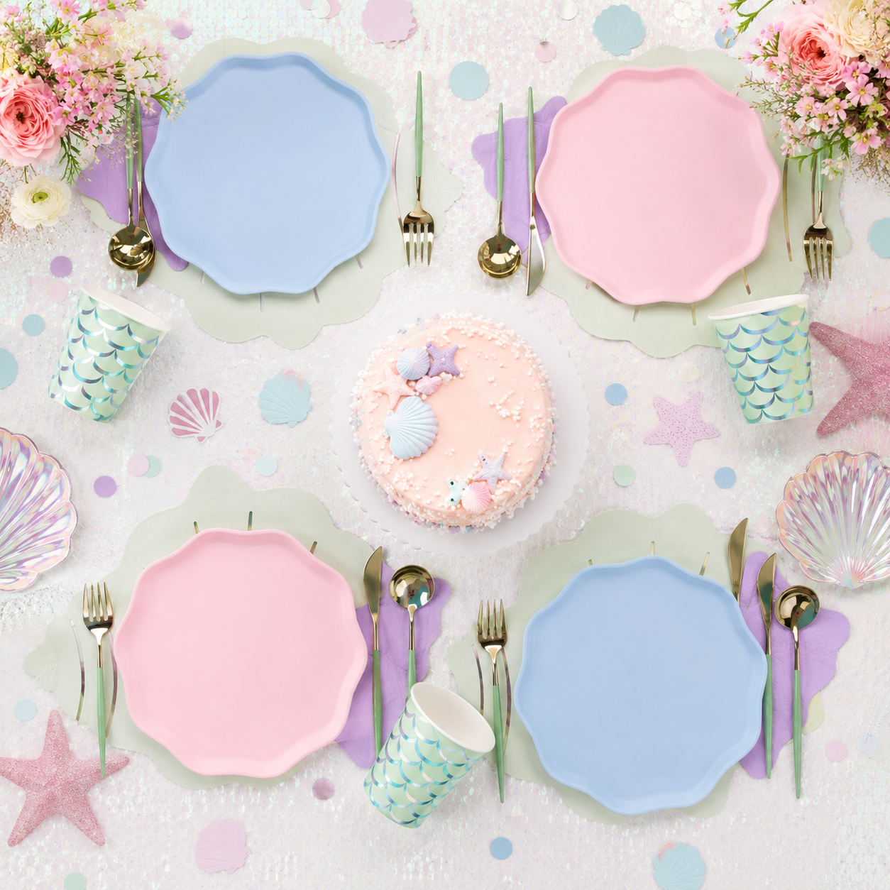 Blue mermaid paper plate featuring colorful mermaids under the sea birthday from Parte Haus party supply store in Bethesda MD