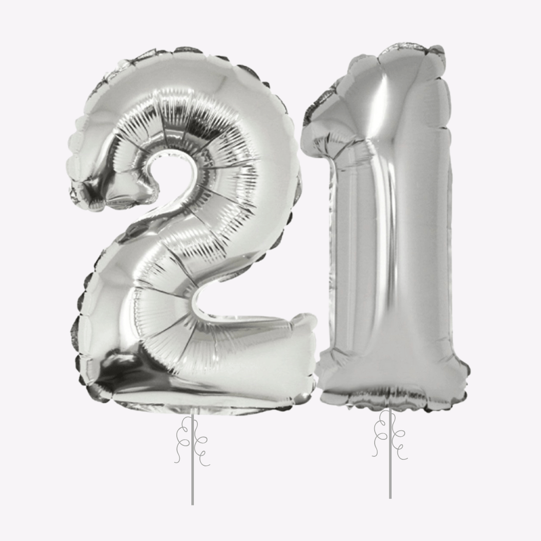 silver number balloons shiny foil for 21st birthday from Parte Haus party supply store in Bethesda MD