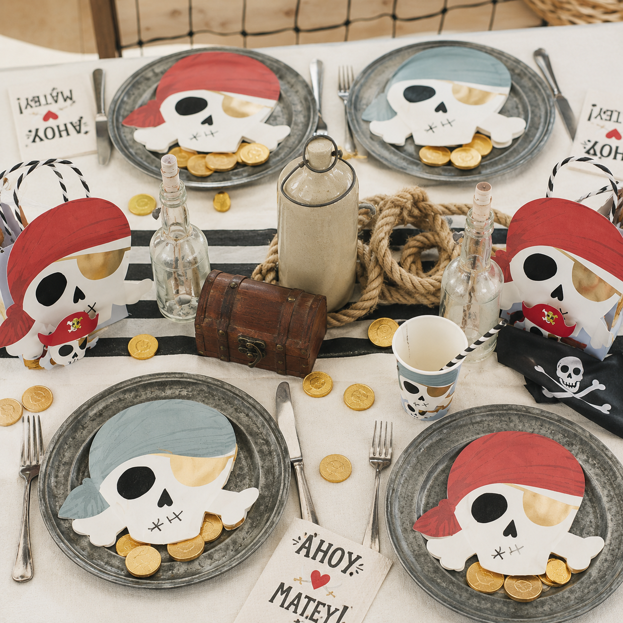 multicolor pirate skull plates with gold eye patches fun design for birthday from Parte Haus party supply store in Bethesda MD