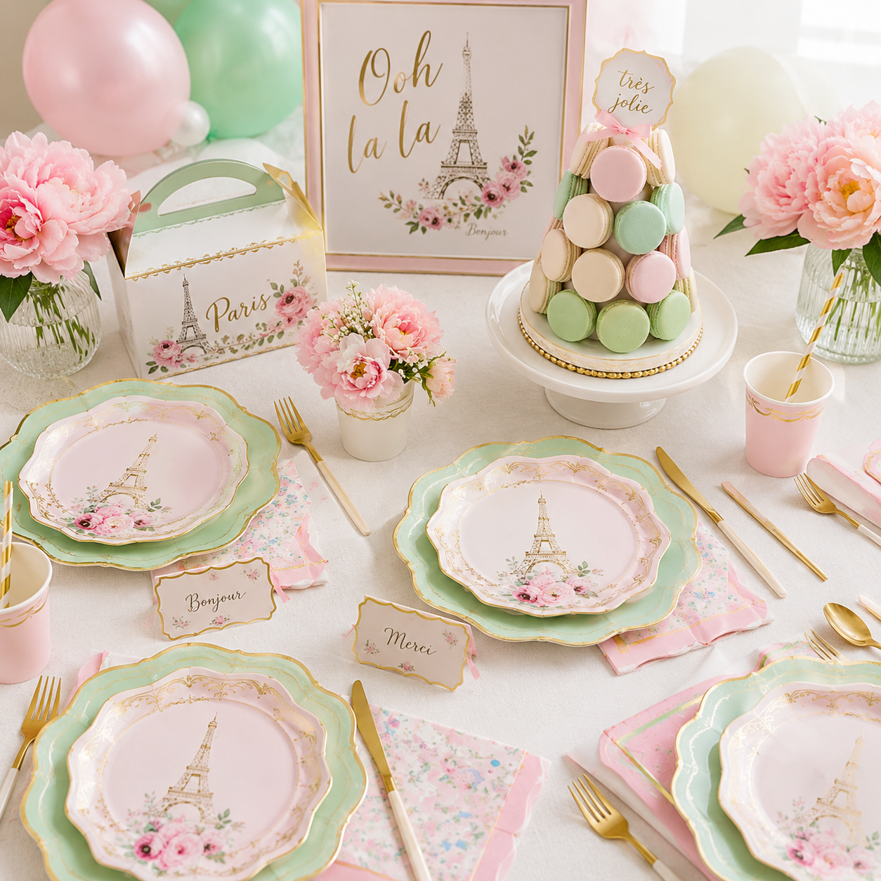 Pastel pink and green macaron shaped napkin dessert themed for birthday from Parte Haus party supply store in Bethesda MD