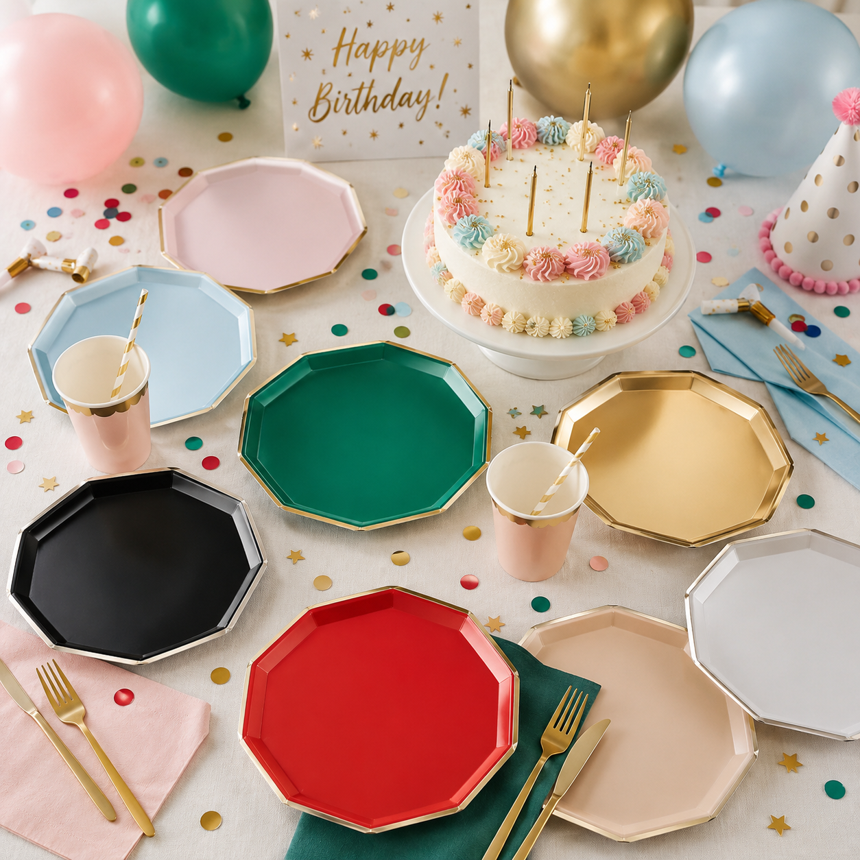 Blush pink octagon plate modern simple design birthday from Parte Haus party supply store in Bethesda MD