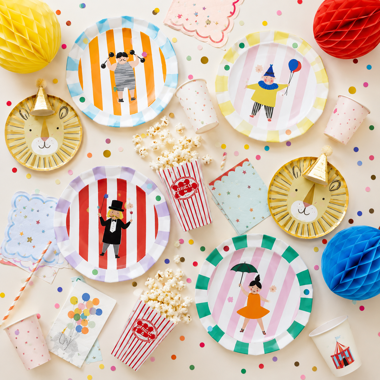 Red and white circus tent shaped napkin with a lion birthday theme from Parte Haus party supply store in Bethesda MD