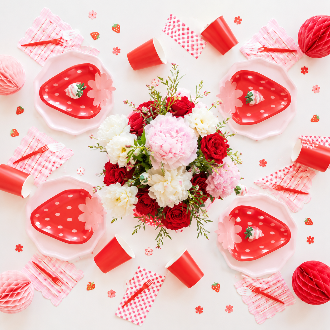 Pink strawberry floral round plate with scalloped edge for summer from Parte Haus party supply store in Bethesda MD