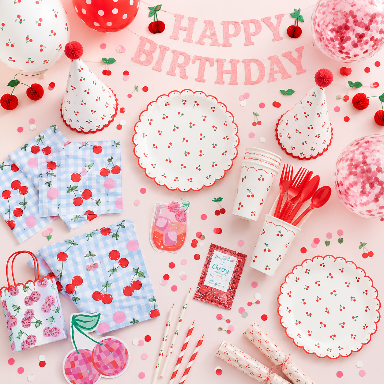 Red and pink cherry napkins with blue checked pattern picnic theme from Parte Haus party supply store in Bethesda MD