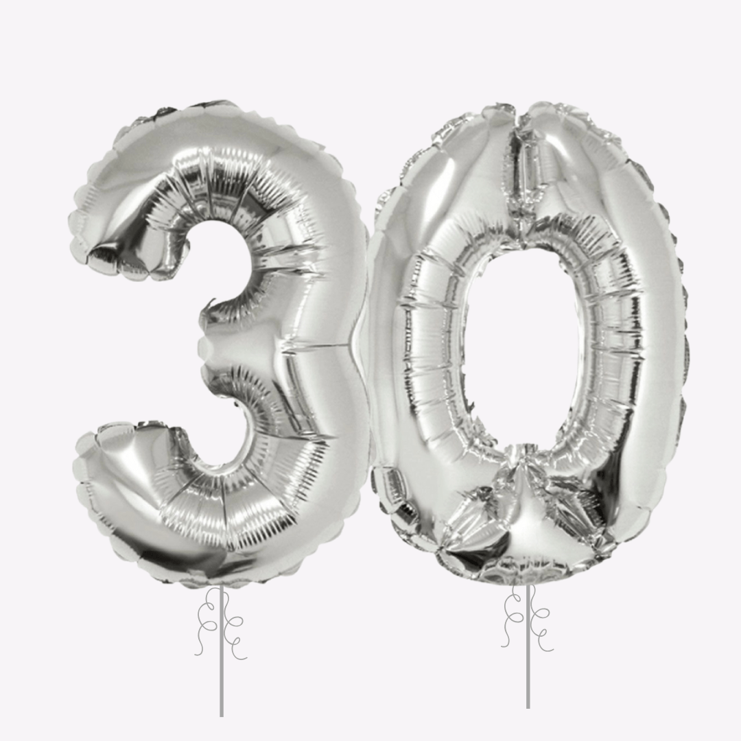 Silver number 30 balloons shiny metallic birthday decoration for 30th birthday from Parte Haus party supply store in Bethesda MD