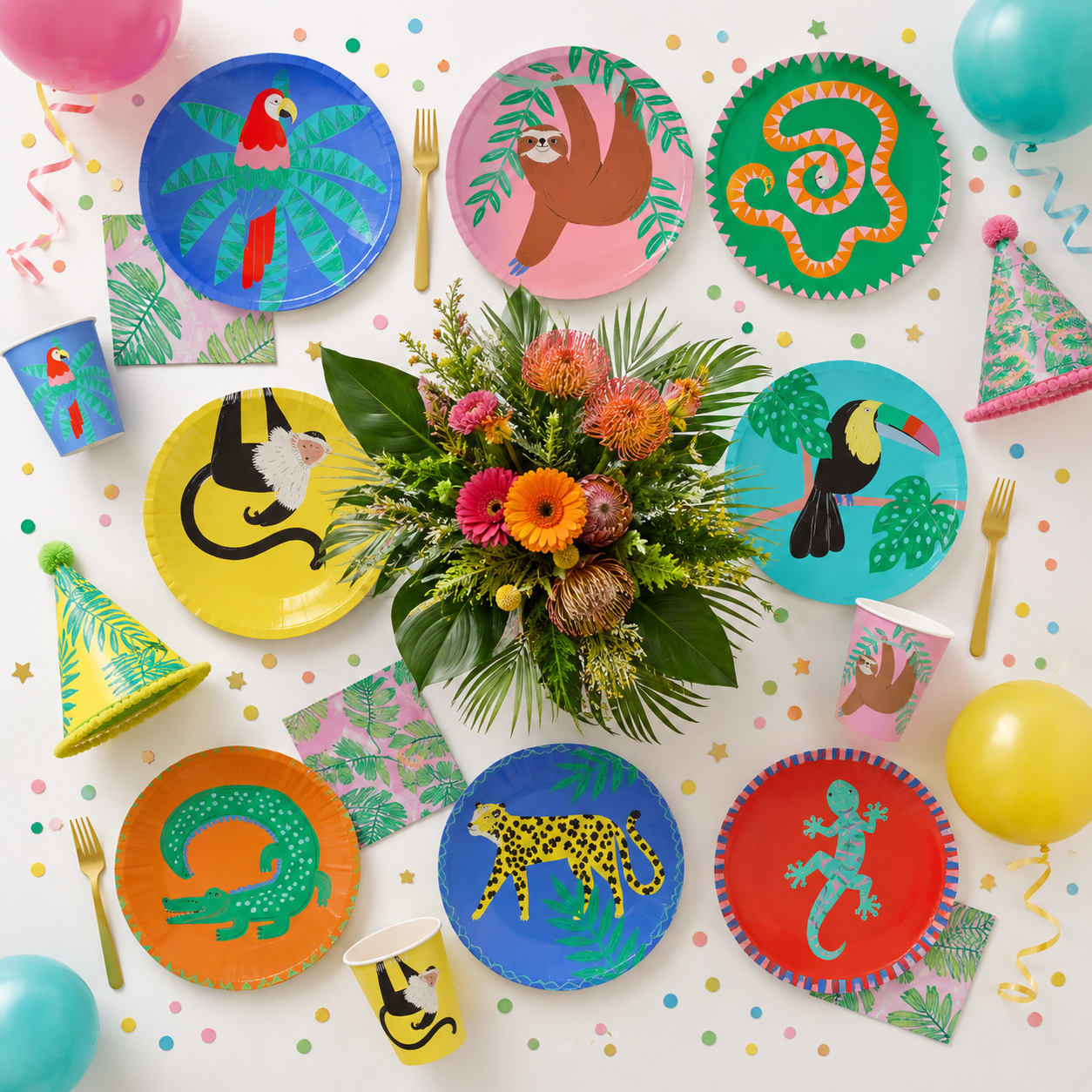 Yellow giraffe brown monkey black and white zebra gray hippo animal face paper plates for kids birthday from Parte Haus party supply store in Bethesda MD
