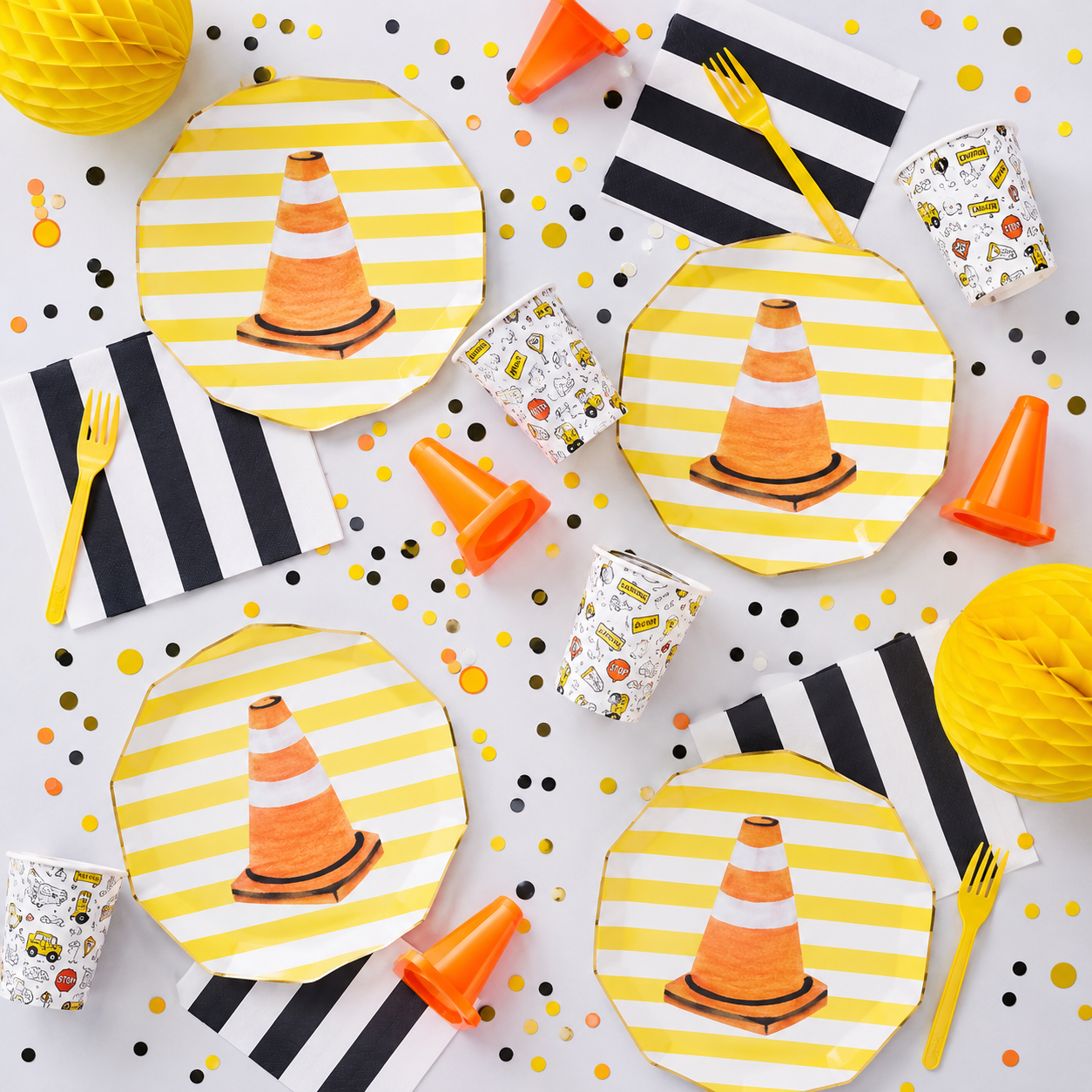 Orange and yellow construction vehicle napkin with roadwork theme from Parte Haus party supply store in Bethesda Maryland