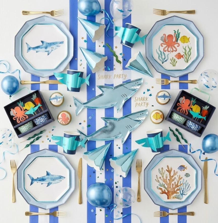 Blue shark paper napkin with open mouth for ocean birthday theme from Parte Haus party supply store in Bethesda MD