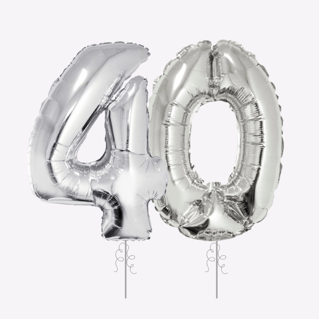 silver number 40 balloons shiny metallic birthday decoration for 40th birthday from Parte Haus party supply store in Bethesda MD