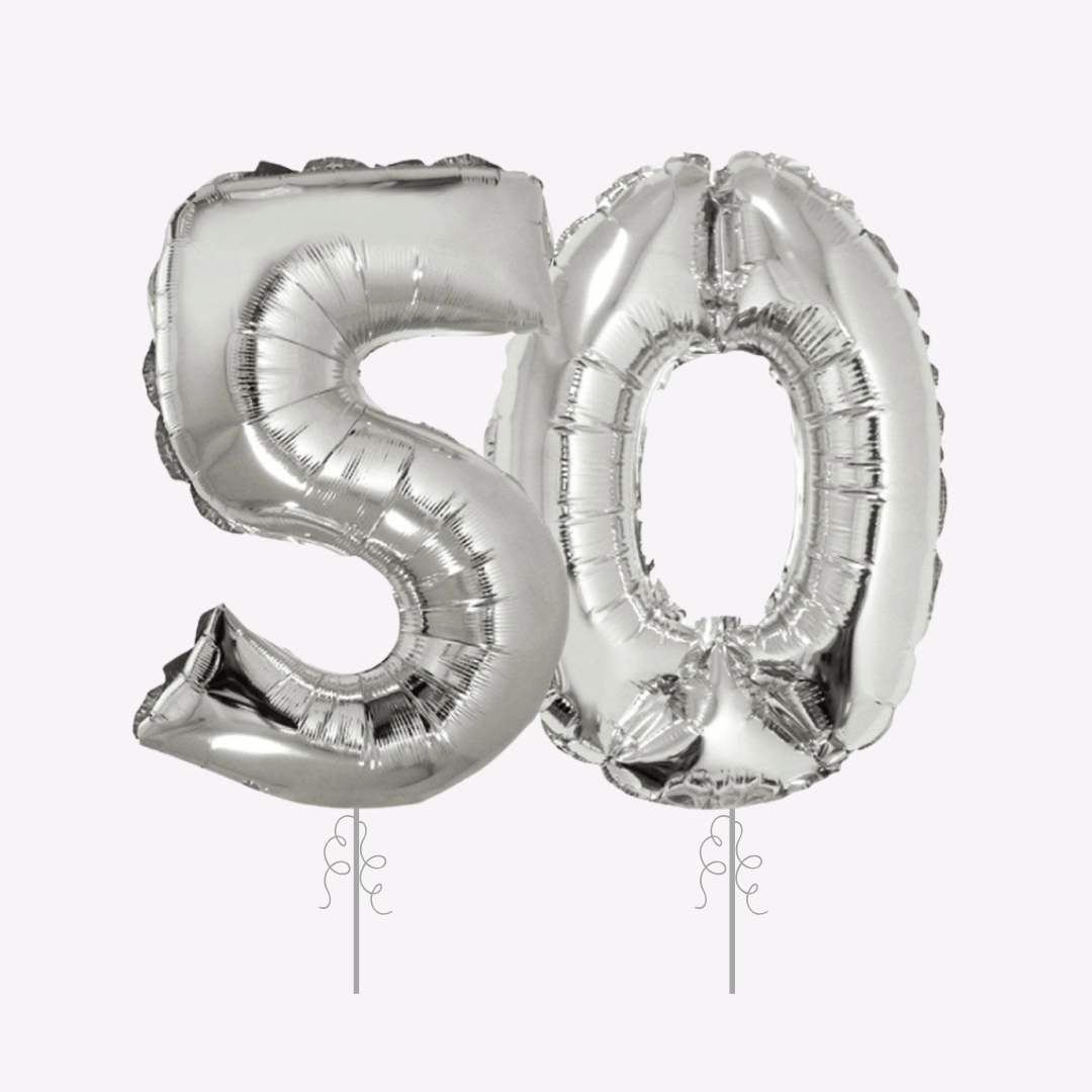 Silver number balloon set shaped as 50 birthday theme from Parte Haus party supply store in Bethesda Maryland