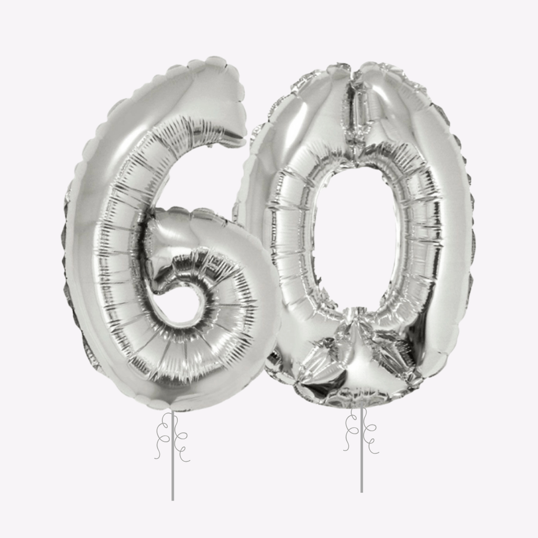 Silver number balloons shaped as 60 birthday theme from Parte Haus party supply store in Bethesda Maryland