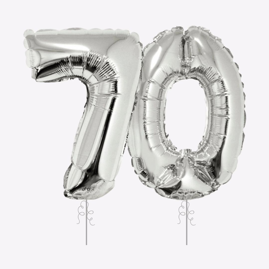 Silver number 70 balloons for 70th birthday from Parte Haus party supply store in Bethesda Maryland