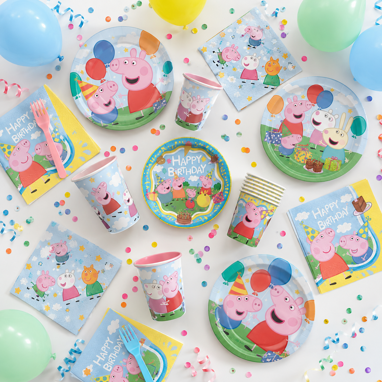 Blue Peppa Pig napkin with cartoon animals for kids birthday from Parte Haus party supply store in Bethesda MD