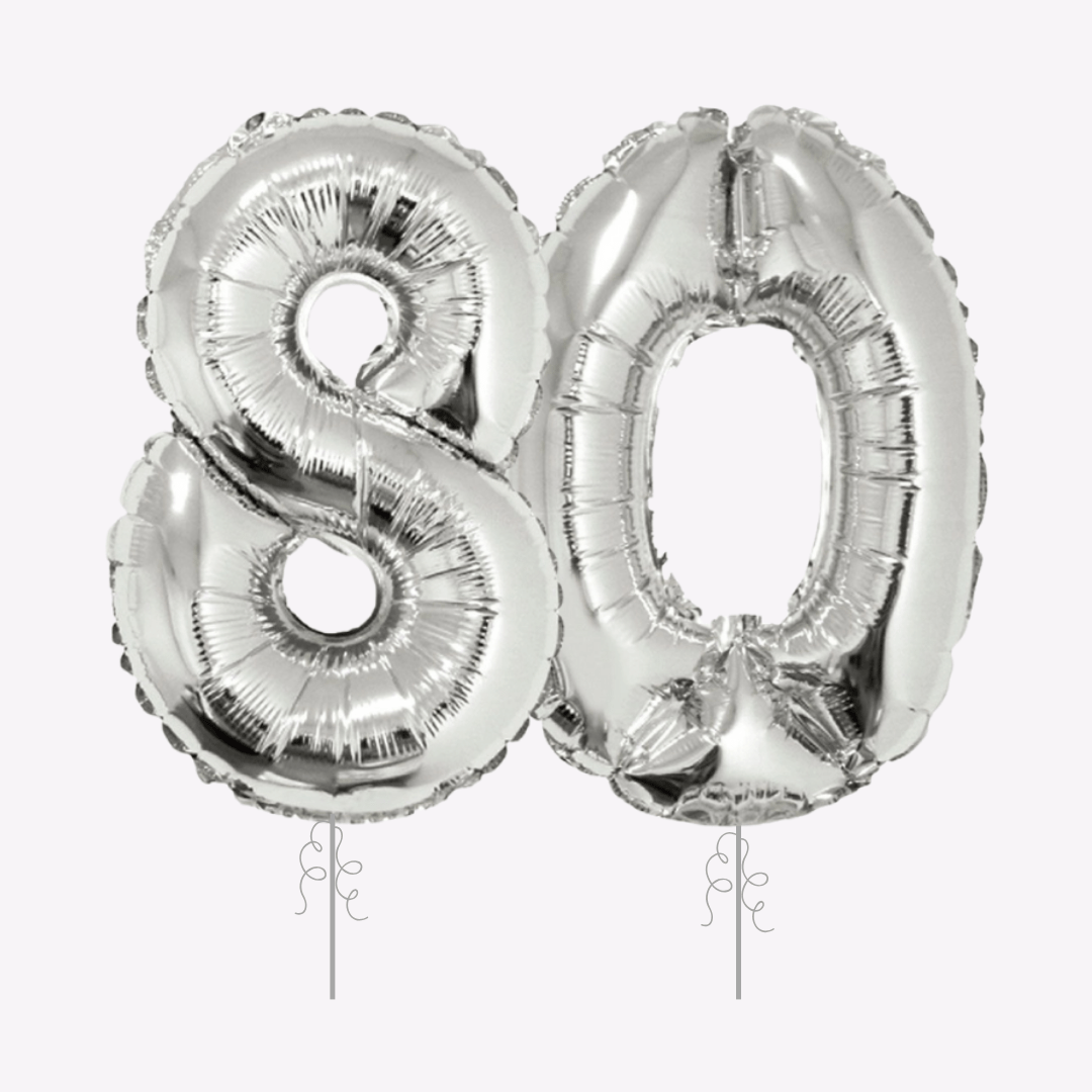 Silver foil number 80 balloons birthday decoration for 80th birthday from Parte Haus party supply store in Bethesda MD