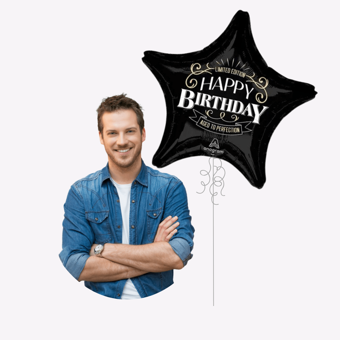 Black star birthday balloon with man smiling for adult birthday from Parte Haus party supply store in Bethesda MD