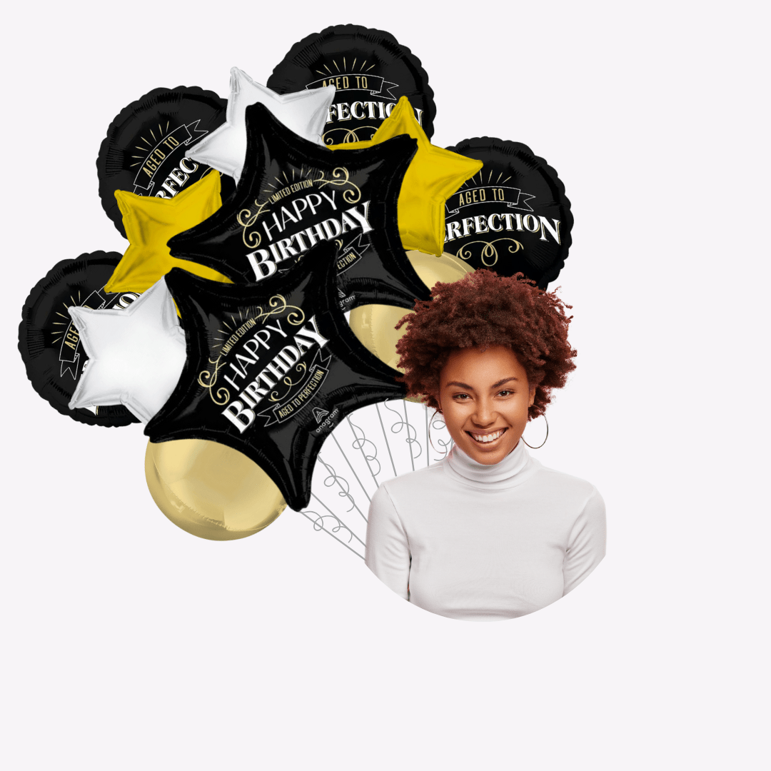 black gold and white star birthday balloons with Happy Birthday text for adult birthday from Parte Haus party supply store in Bethesda Maryland