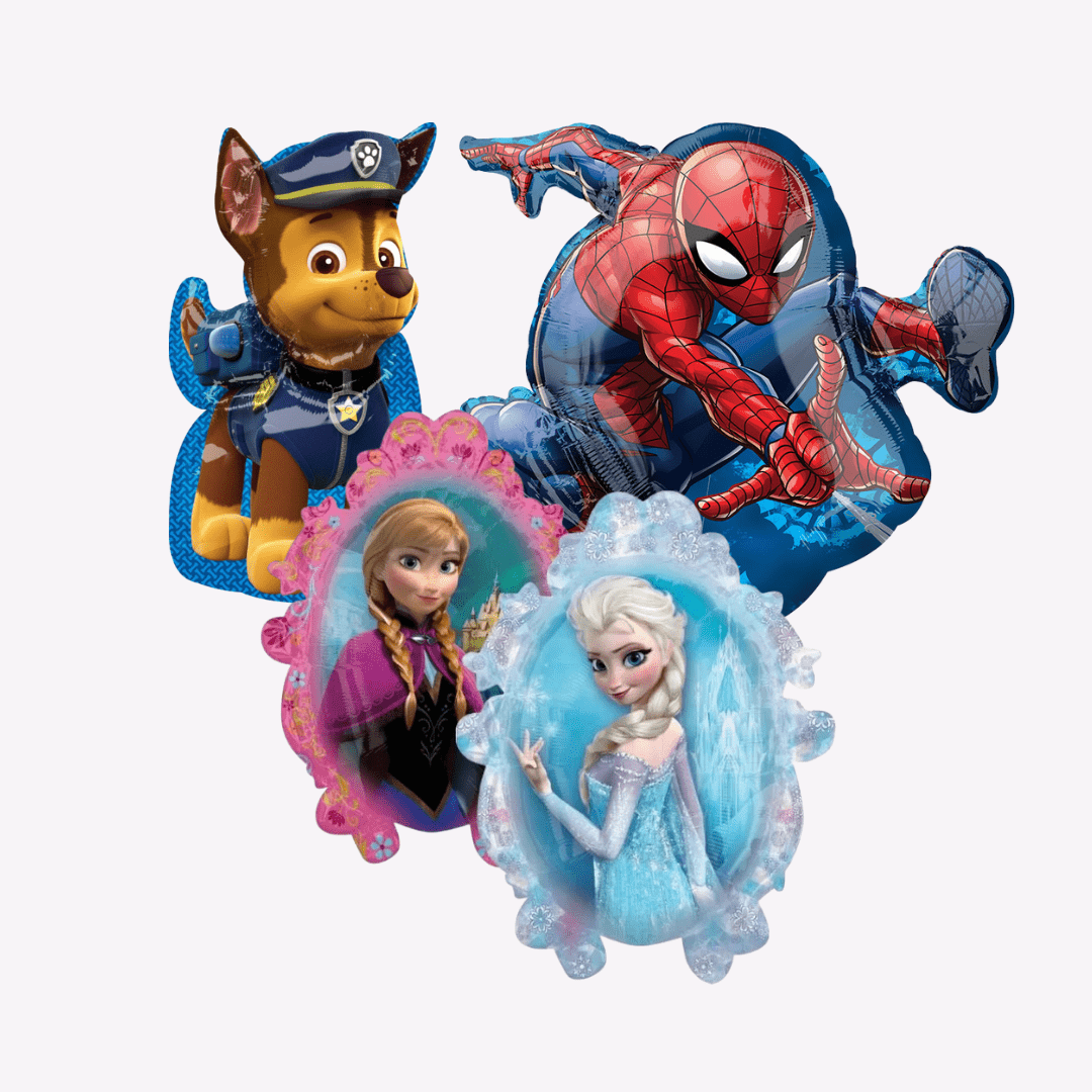 Colorful character balloons with cartoon heroes and princesses birthday theme from Parte Haus party supply store in Bethesda Maryland
