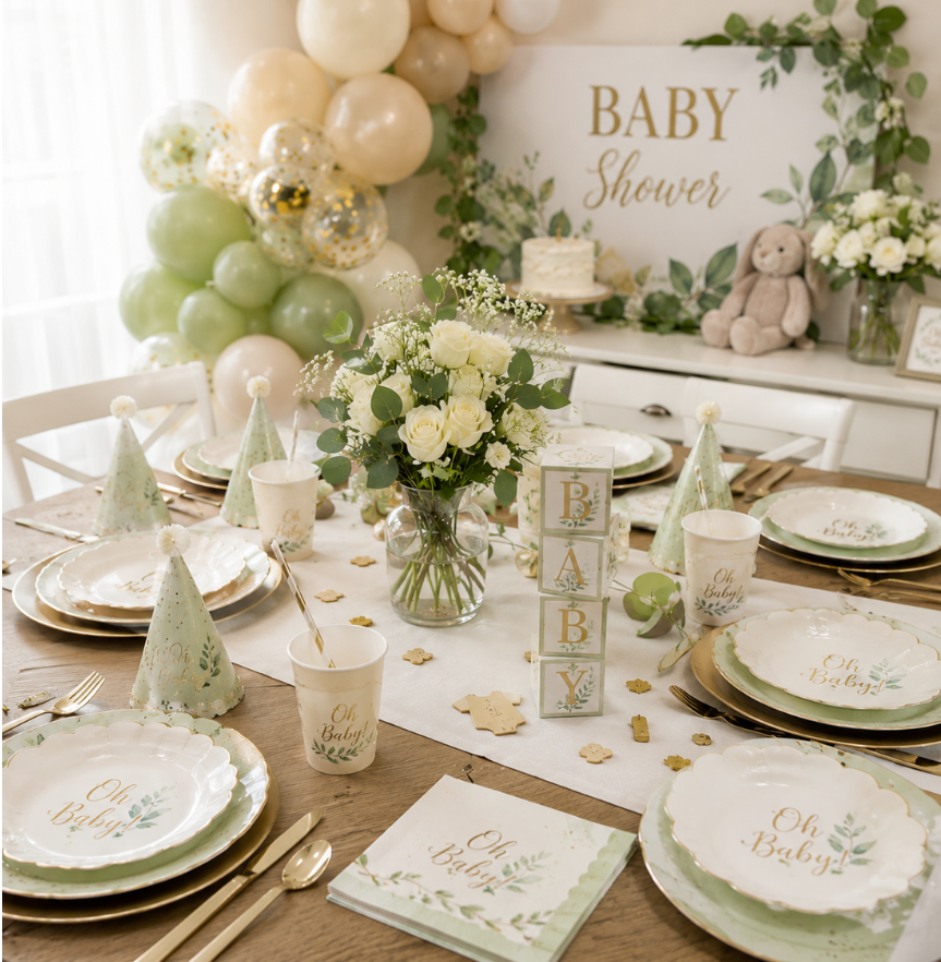 White and gold baby shower balloons and polka dot cups decoration baby shower from Parte Haus party supply store in Bethesda MD