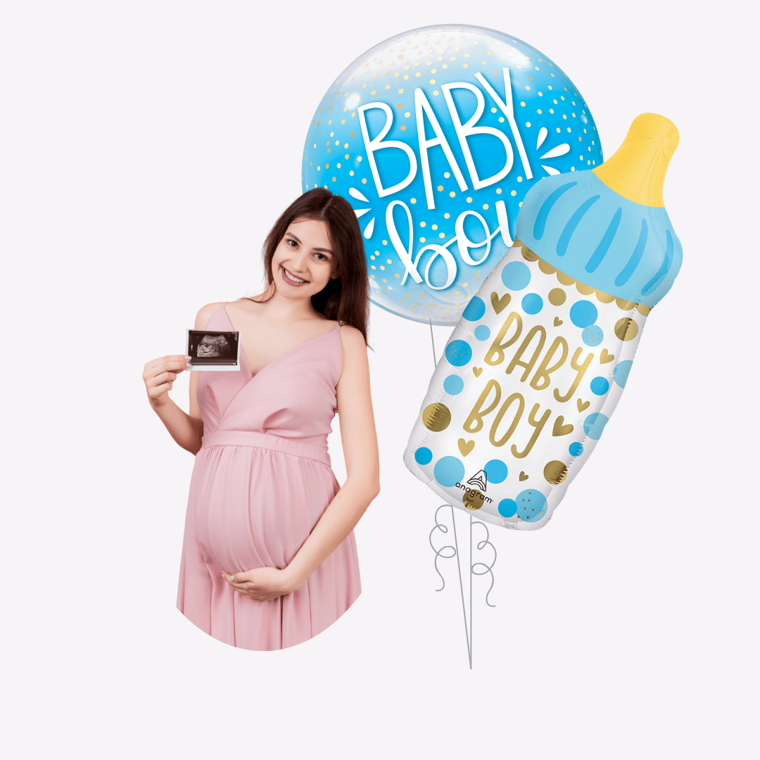 Blue baby boy balloons with bottle shape for baby shower from Parte Haus party supply store in Bethesda MD