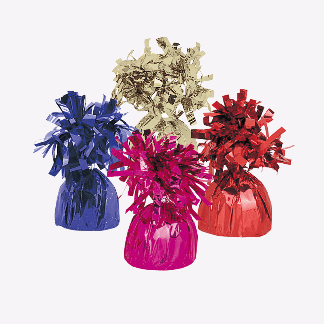 Gold red blue and pink foil balloon weights festive celebration decor from Parte Haus party supply store in Bethesda Maryland