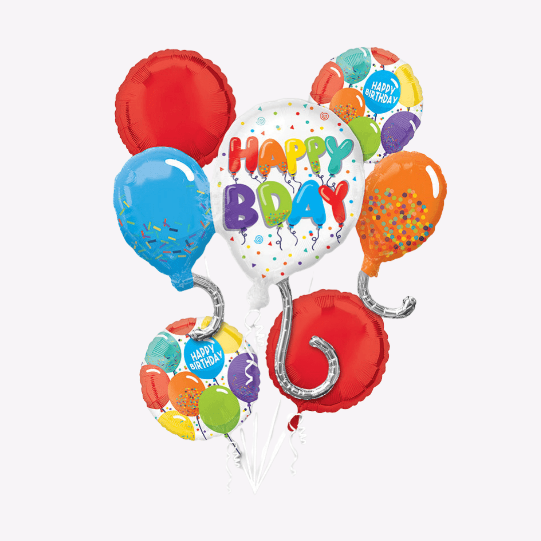 Colorful balloon bouquet with confetti and Happy BDAY message birthday theme from Parte Haus party supply store in Bethesda Maryland