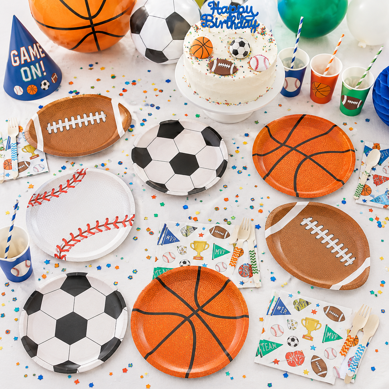 Blue sports theme appetizer dessert plates with neon sport ball graphics for birthdays from Parte Haus party supply store in Bethesda MD