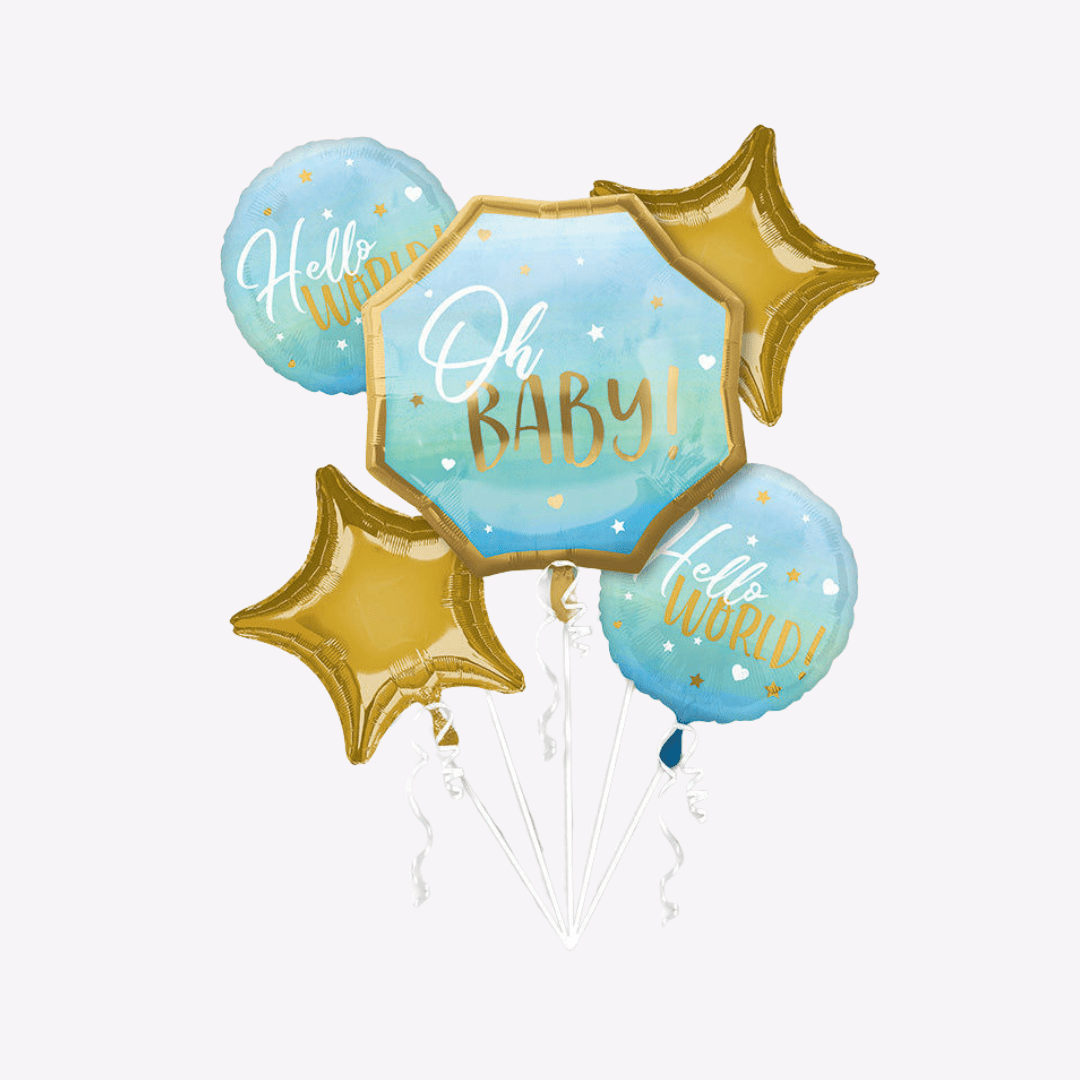 Blue and gold baby shower balloons set with stars for boy baby shower from Parte Haus party supply store in Bethesda MD