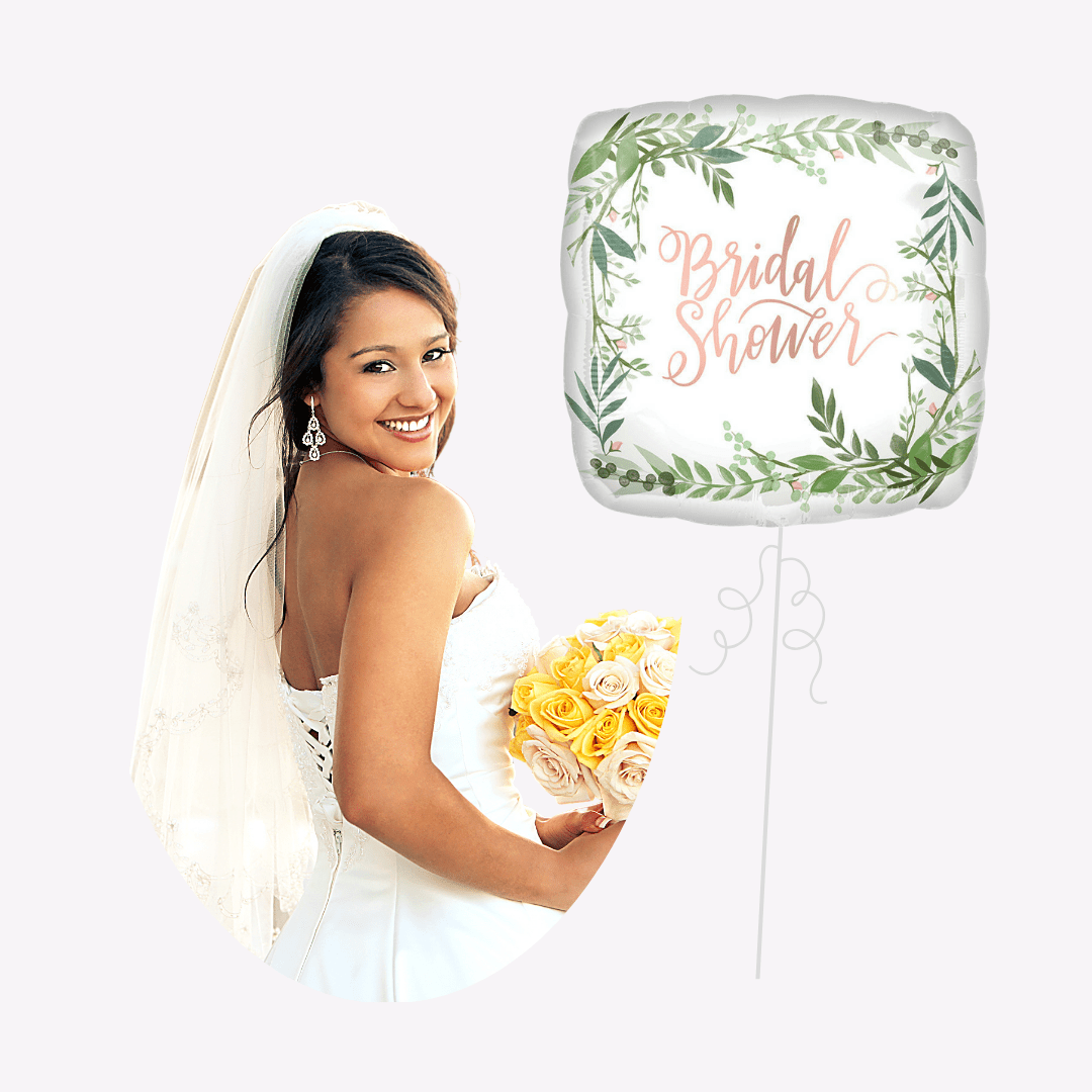White bridal shower balloon with green leaves and smiling bride from Parte Haus party supply store in Bethesda MD