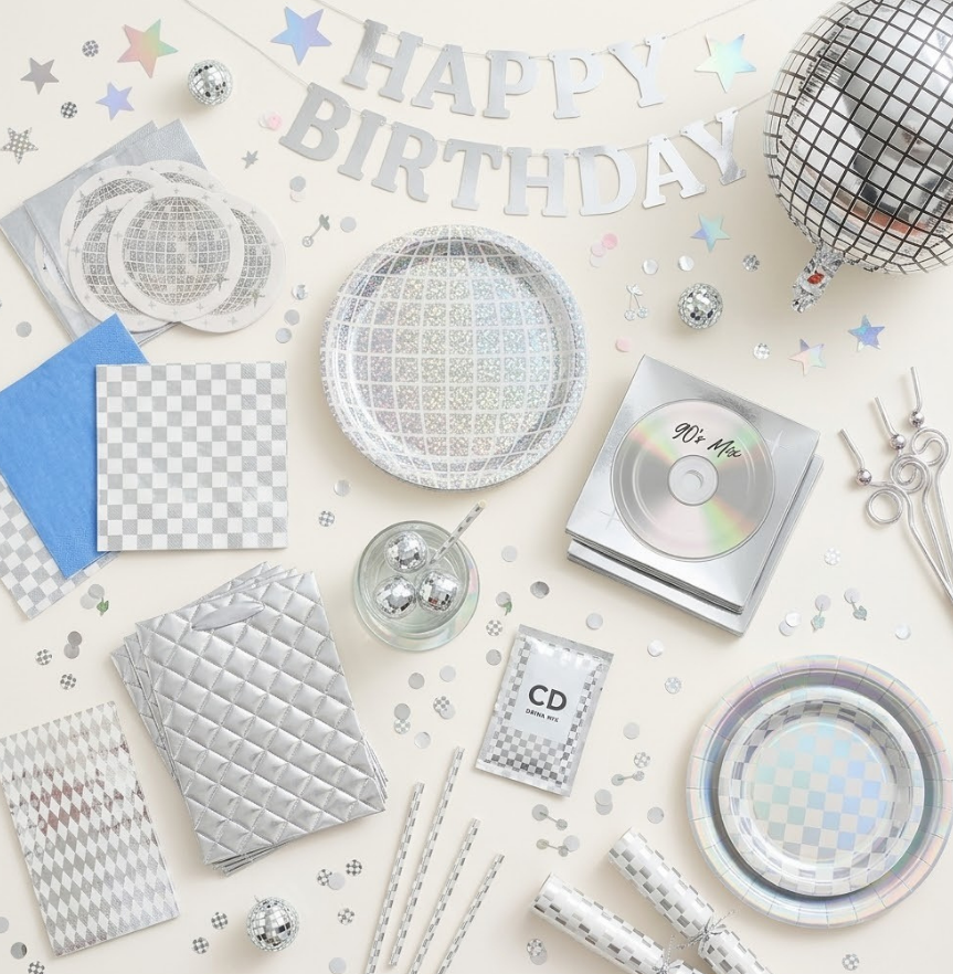 Silver disco ball plate with holographic grid for dance party theme from Parte Haus party supply store in Bethesda MD.