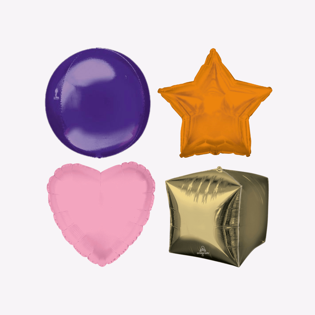 Purple round orange star pink heart and gold cube balloons from Parte Haus party supply store in Bethesda Maryland