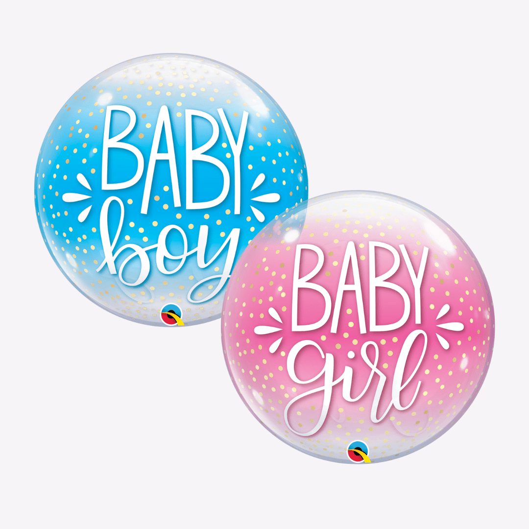 Blue and pink gender reveal balloons with gold dots for baby shower from Parte Haus party supply store in Bethesda MD