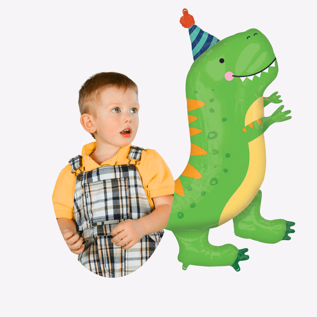 Green dinosaur balloon with party hat for kids birthday from Parte Haus party supply store in Bethesda MD