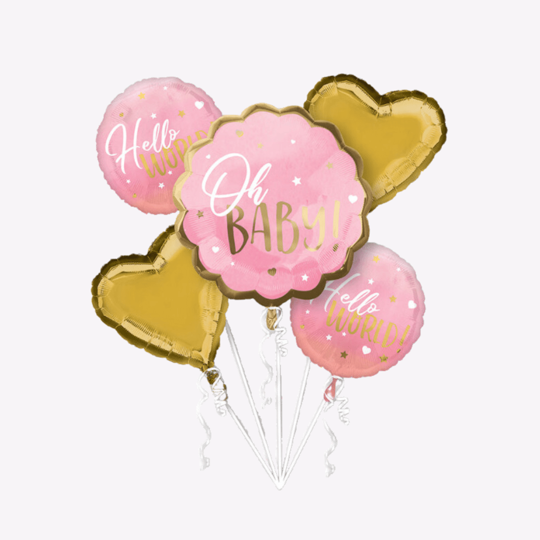 Pink and gold foil balloon bouquet with Oh Baby and Hello World text for baby shower from Parte Haus party supply store in Bethesda MD.