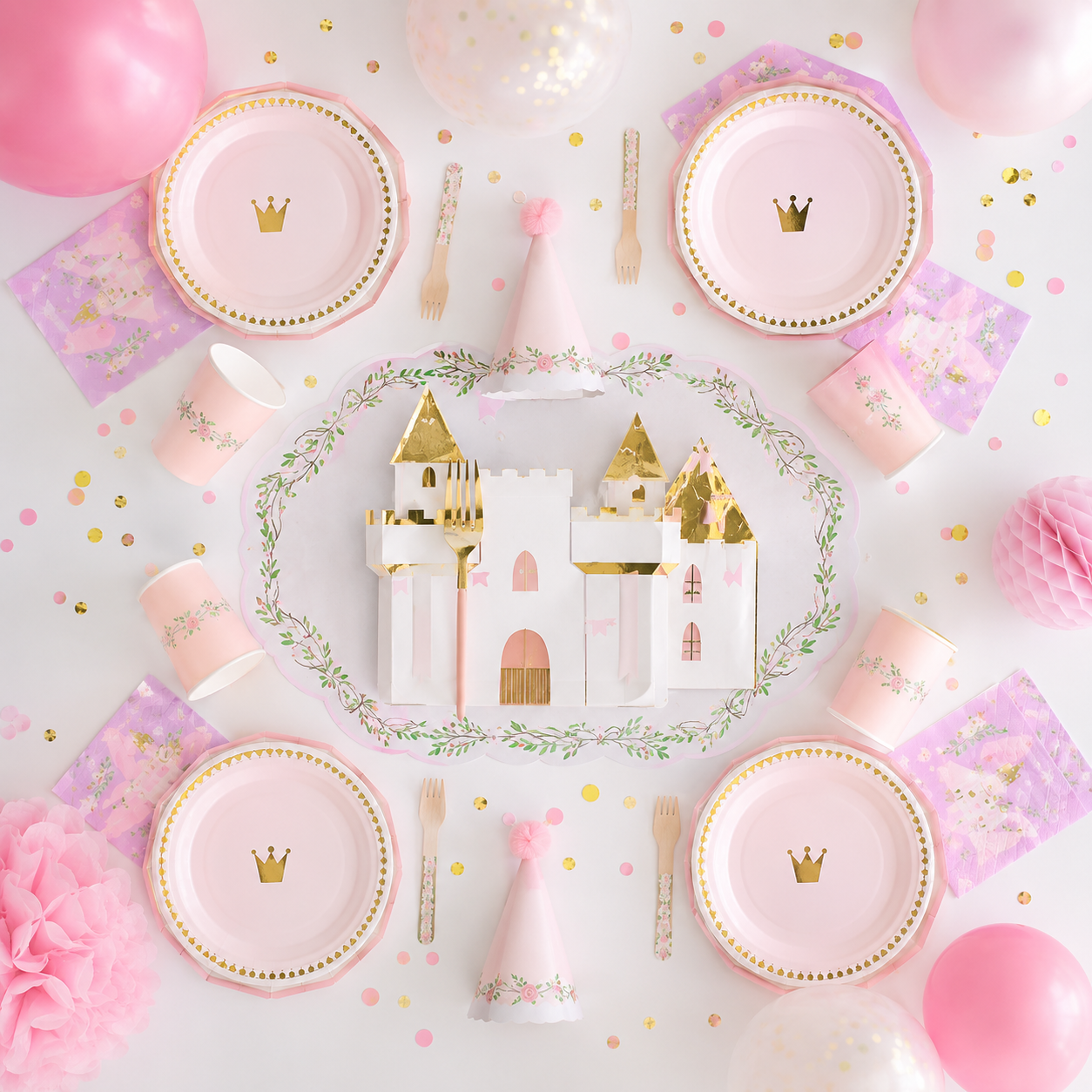 Pink princess carriage paper plate with gold crown for birthday from Parte Haus party supply store in Bethesda MD