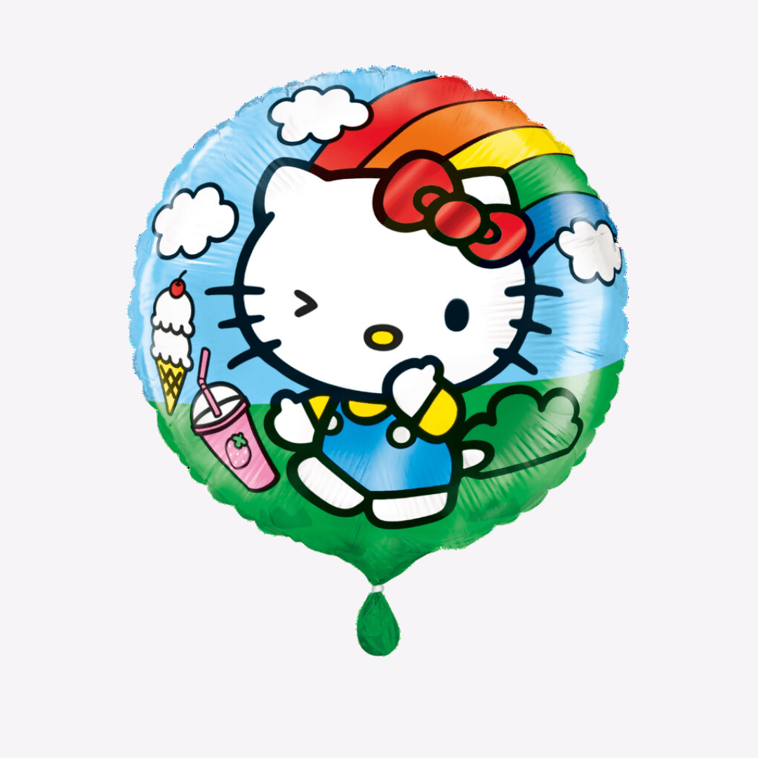 Colorful Hello Kitty balloon with rainbow clouds and ice cream for kids birthday from Parte Haus party supply store in Bethesda MD