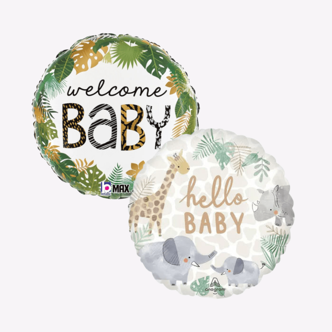 Neutral jungle theme baby shower balloons with animal designs from Parte Haus party supply store in Bethesda MD