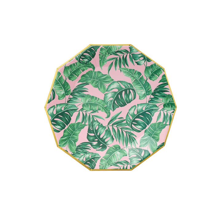 Pink tropical leaf octagon plate for summer or luau from Parte Haus party supply store in Bethesda Maryland